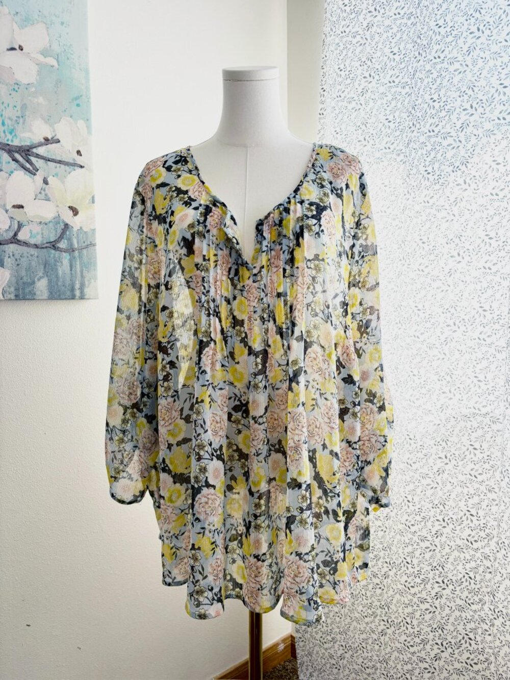 Torrid Floral Chiffon Blouse Women’s Size 4 Plus Blue Yellow Long Sleeve Boho